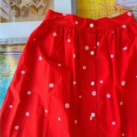 Ban.do Red Easy Button Up Daisy Floral A-line Pocket Cotton Midi Skirt S/M - Picture 6 of 9